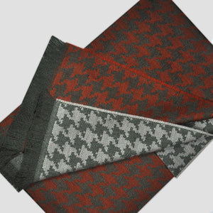 Houndstooth Super Fine Wool Scarf in Olive & Rusty Orange