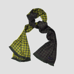 Houndstooth Super Fine Wool Scarf in Claret, Lemon & Olive