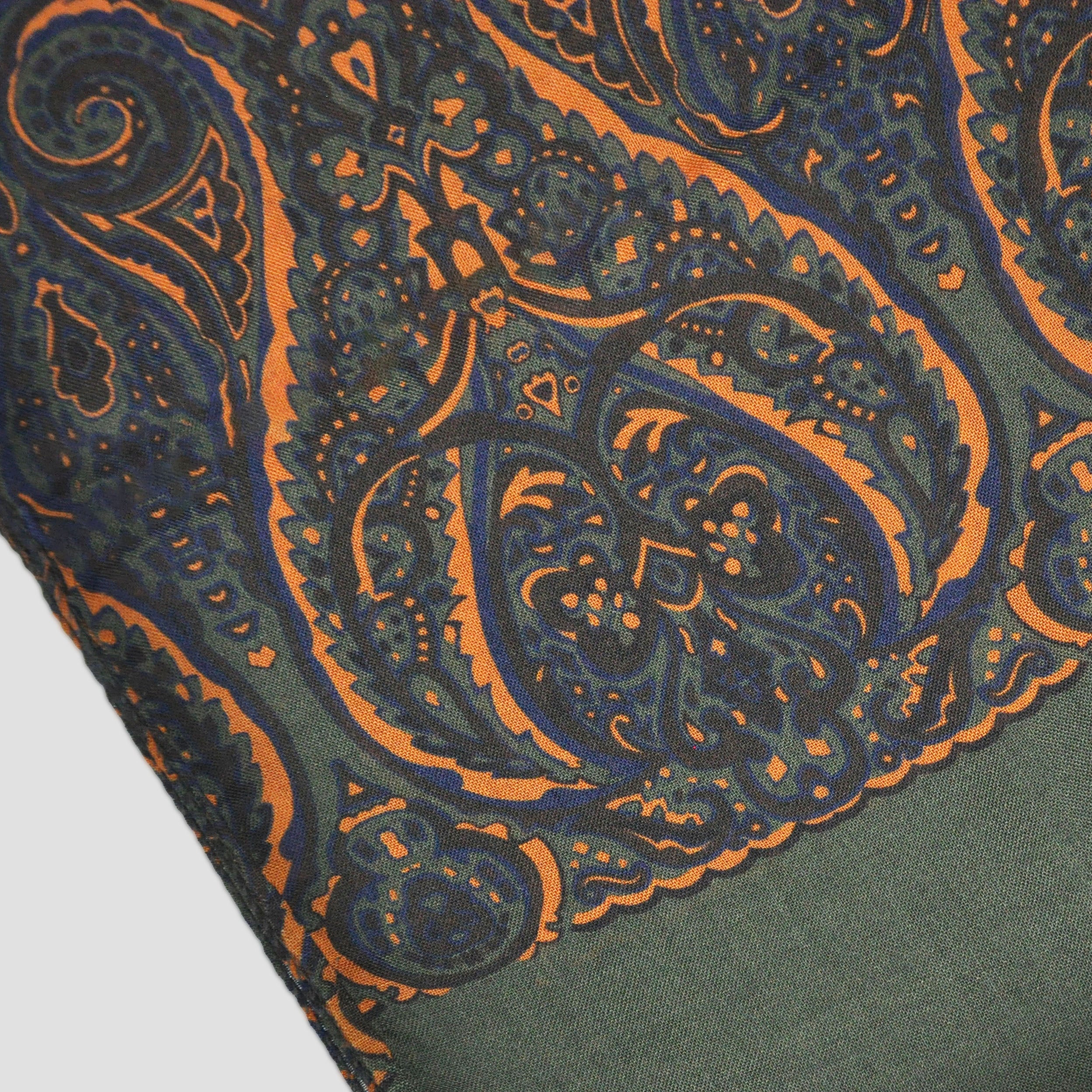 Wool Silk Paisley Scarf in Green, Ochre & Blue