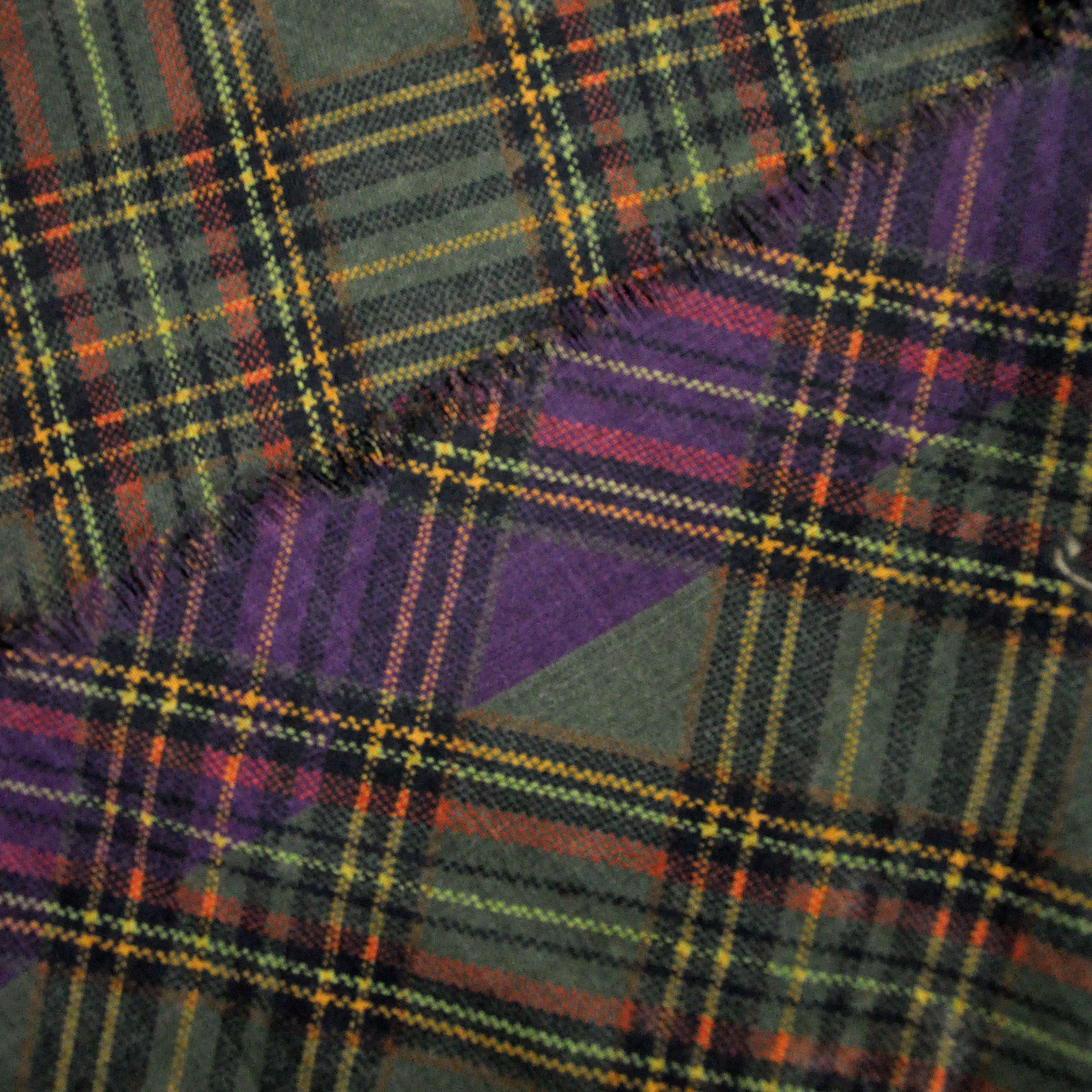 Wool Silk Plaid & Pointer Scarf in Green, Ochre & Purple