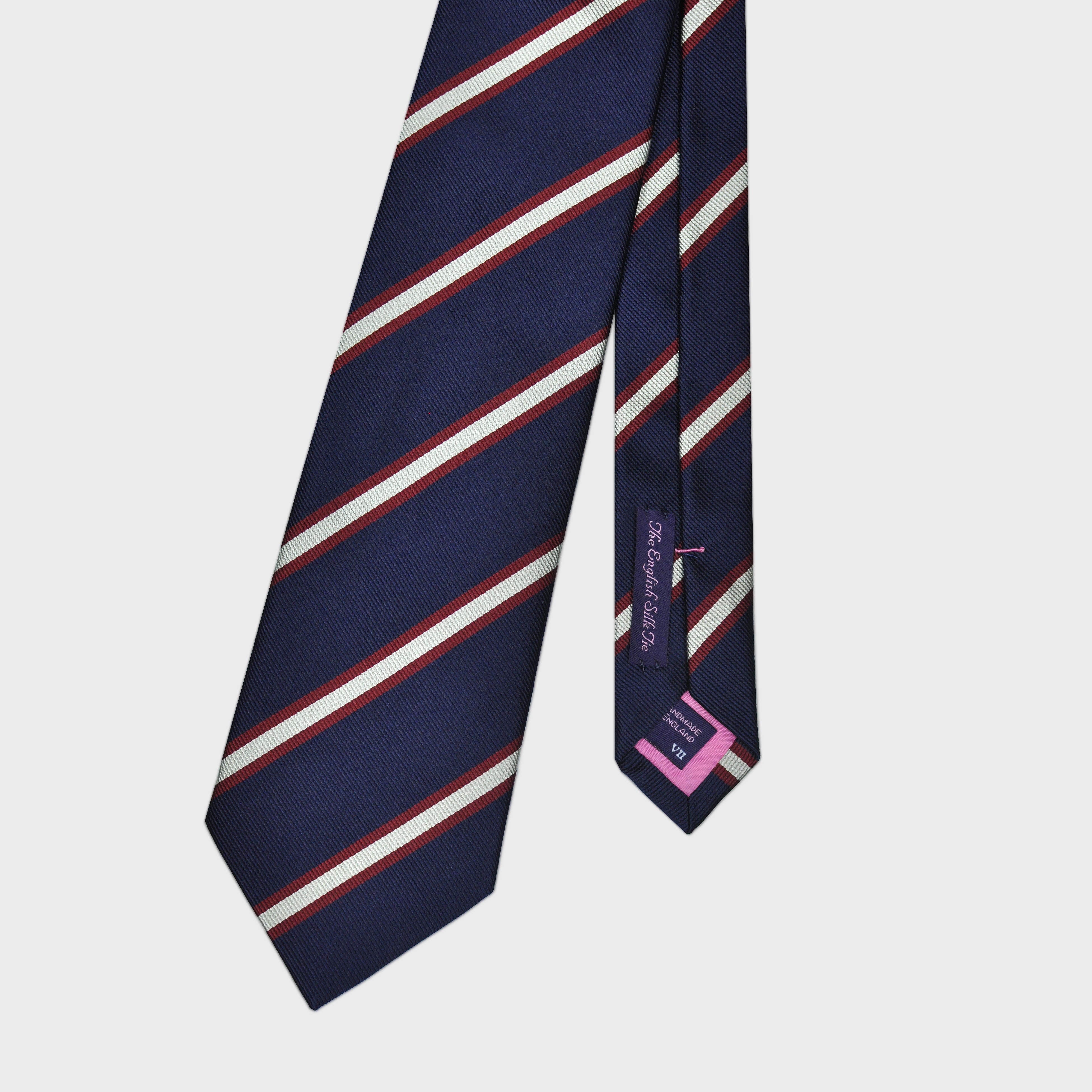 Stripes Reppe Silk Tie in Navy, Claret & White