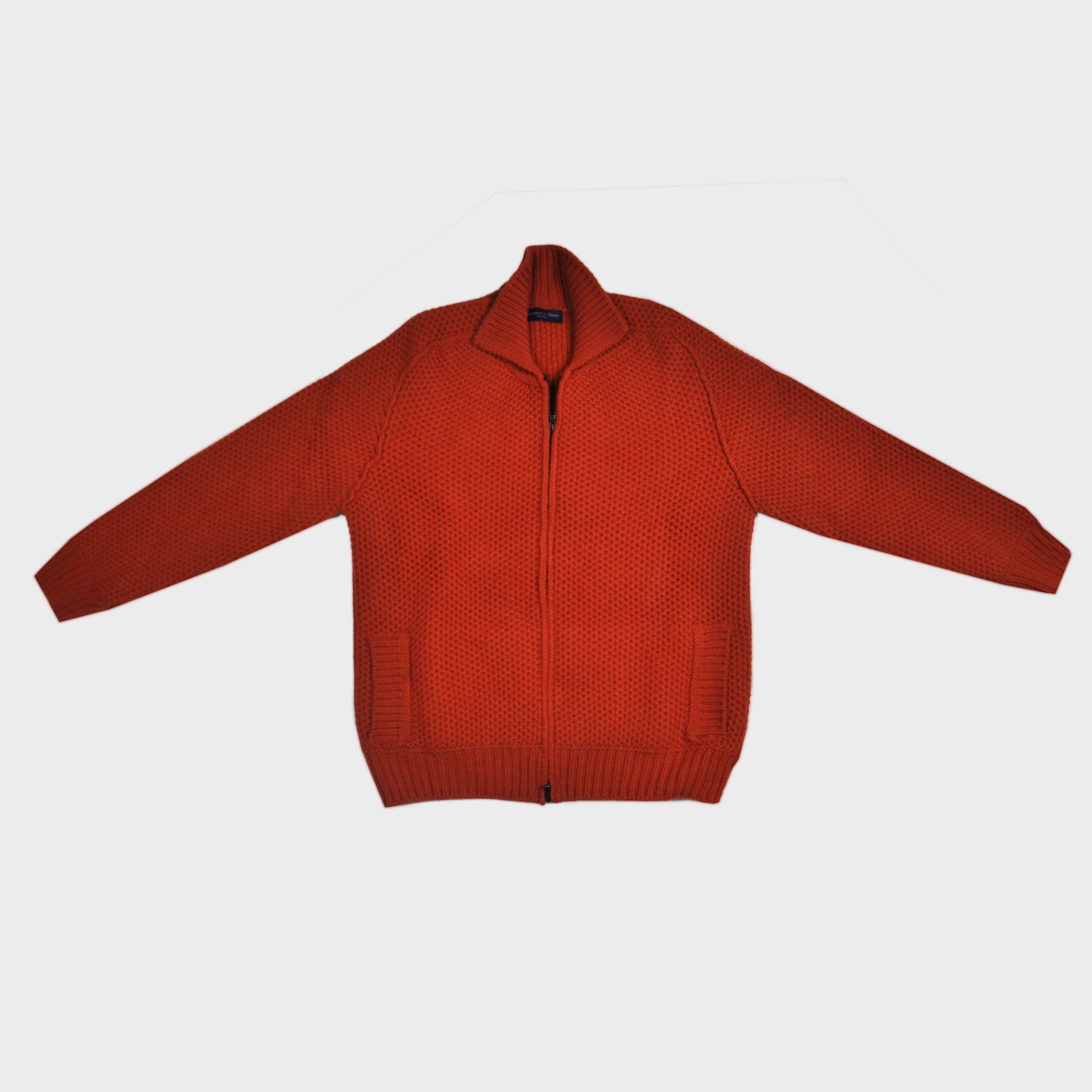 Chunky Merino Wool Zip Cardigan with Ribbed Collar in Red