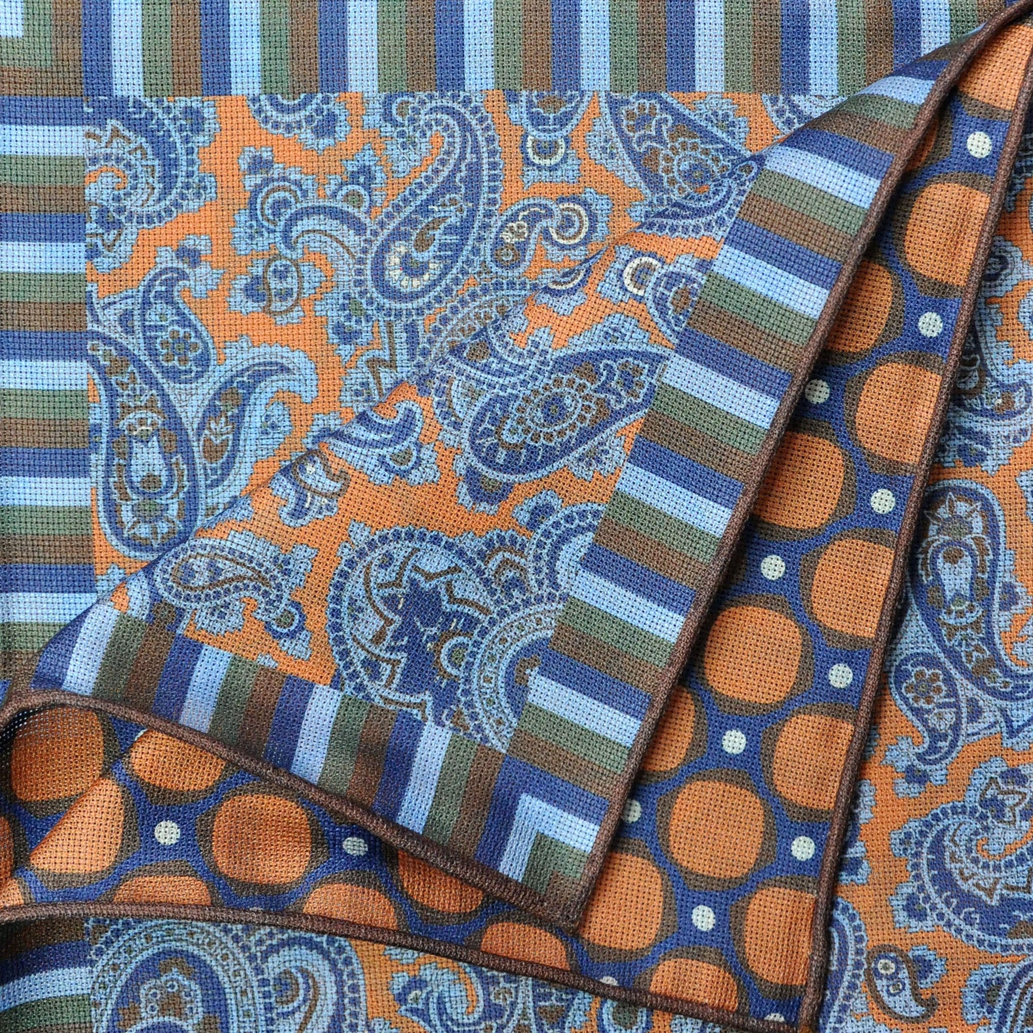 Paisley, Geo's & Stripes Reversible Panama Silk Pocket Square in Orange, Blue & Green