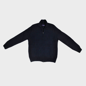 Chunky Merino Wool Zip Cardigan with Ribbed Collar in Dark Navy