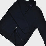 Chunky Merino Wool Zip Cardigan with Ribbed Collar in Dark Navy