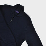 Chunky Merino Wool Zip Cardigan with Ribbed Collar in Dark Navy