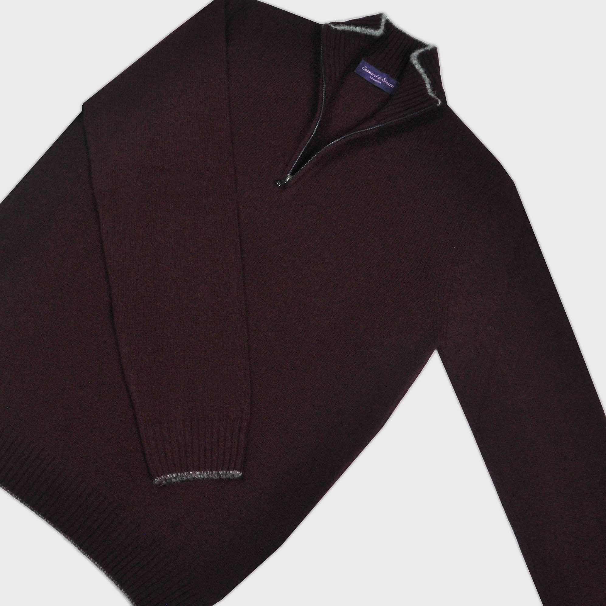 Merino Wool Quarter Zip Jumper in Dark Claret with Grey Trim