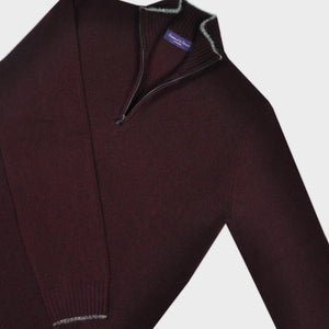 Merino Wool Quarter Zip Jumper in Dark Claret with Grey Trim