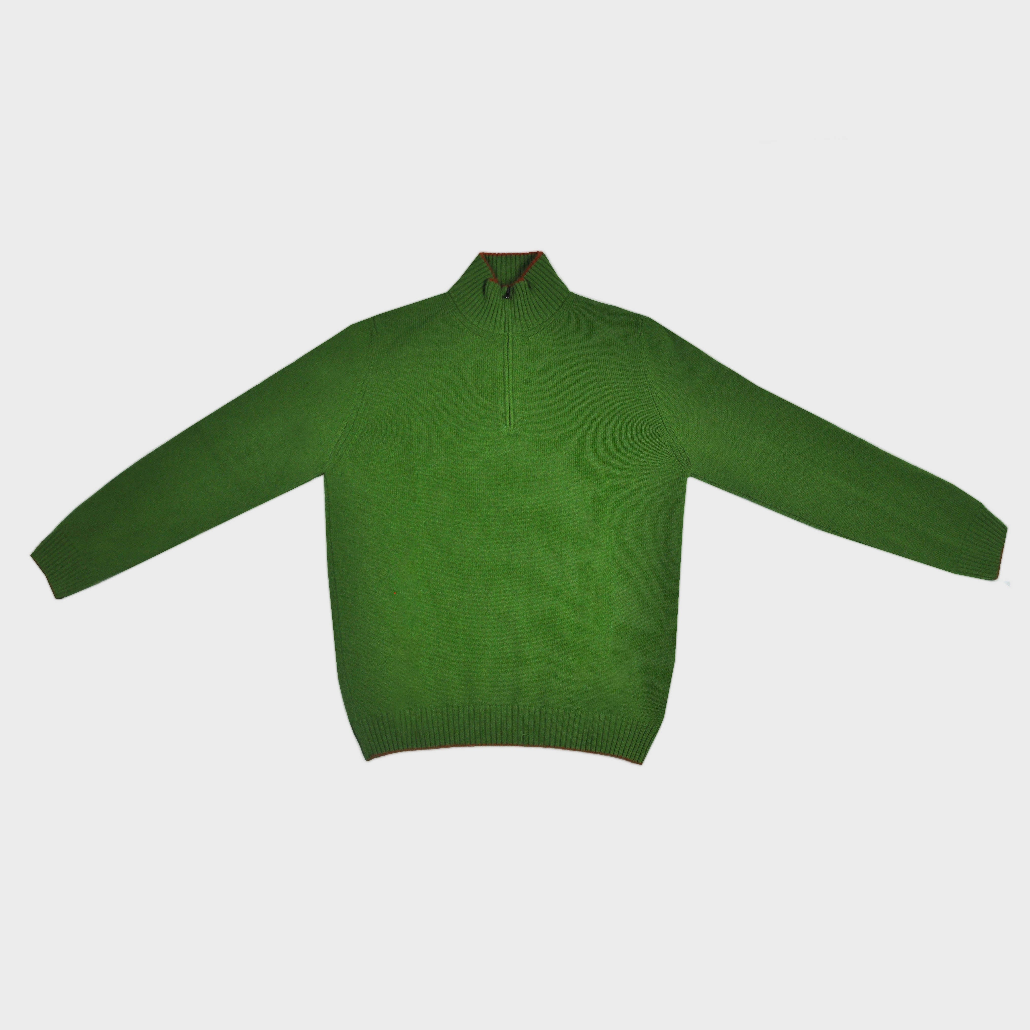 Merino Wool Quarter Zip Jumper in Green with Red Trim