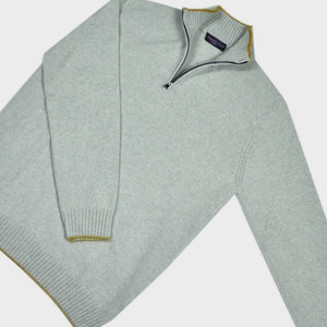 Merino Wool Quarter Zip Jumper in Light Grey & Ochre