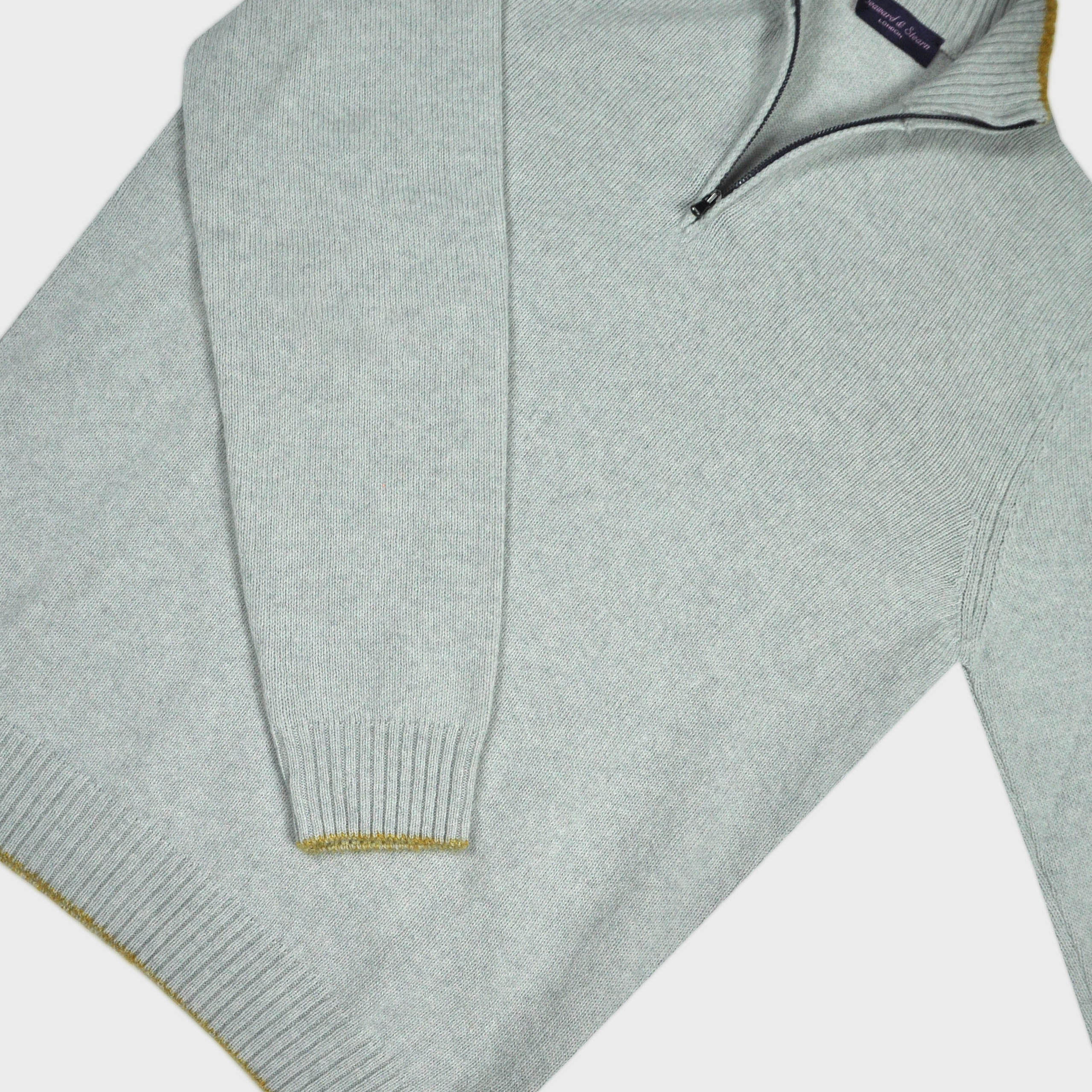 Merino Wool Quarter Zip Jumper in Light Grey & Ochre