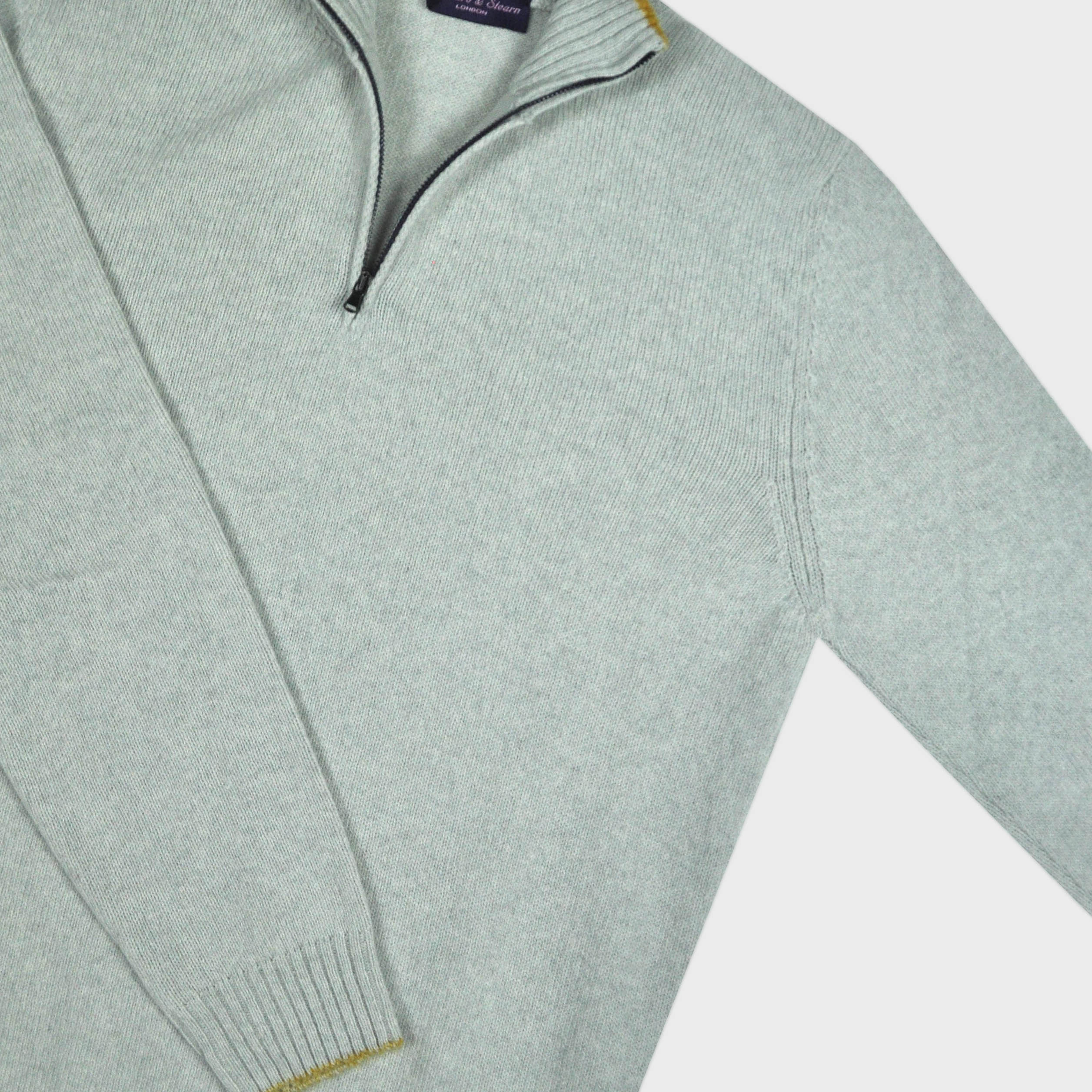 Merino Wool Quarter Zip Jumper in Light Grey & Ochre