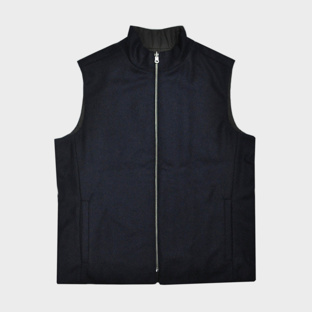 Reversible Wool & Puffer Gilet in Navy & Brown