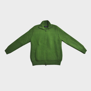 Chunky Merino Wool Zip Cardigan with Ribbed Collar in Green