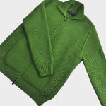 Chunky Merino Wool Zip Cardigan with Ribbed Collar in Green