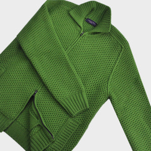 Chunky Merino Wool Zip Cardigan with Ribbed Collar in Green