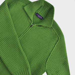 Chunky Merino Wool Zip Cardigan with Ribbed Collar in Green