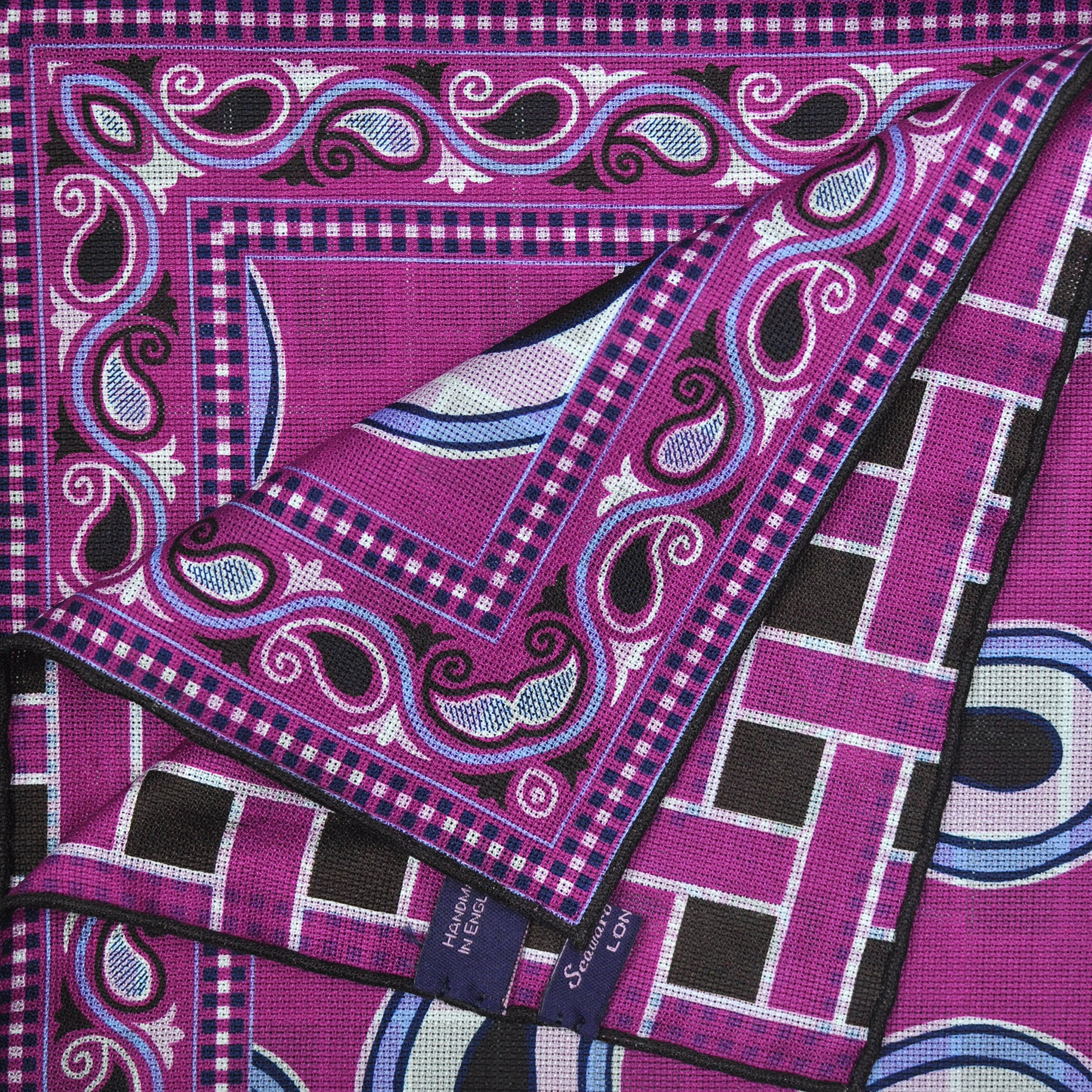 Paisley & Basket Weave Reversible Panama Silk Pocket Square in Pink & Brown