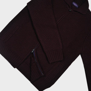 Chunky Merino Wool Zip Cardigan with Ribbed Collar in Claret