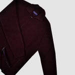 Chunky Merino Wool Zip Cardigan with Ribbed Collar in Claret