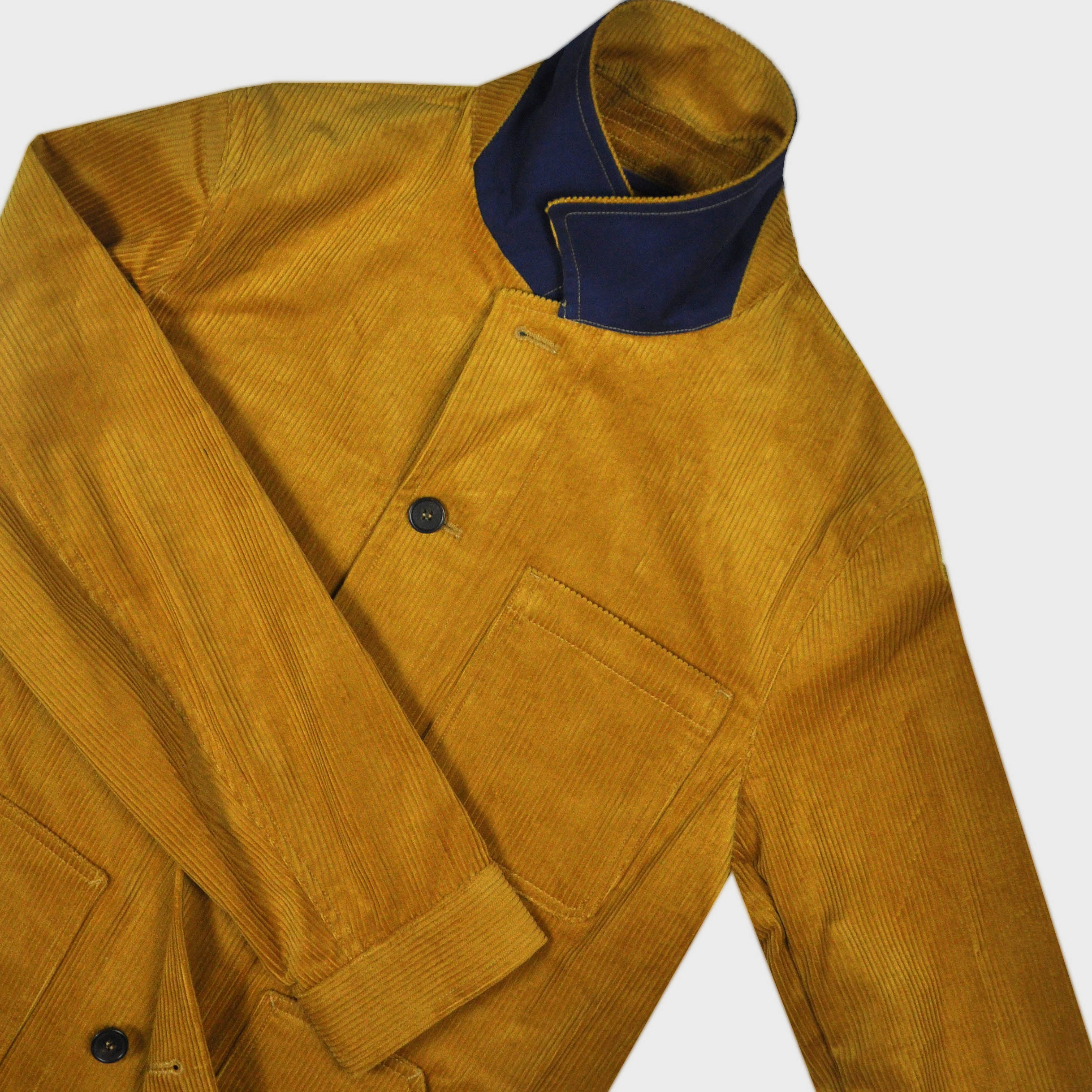 Heavy Cotton Corduroy Worker Jacket in Mustard with Blue (under) Collar