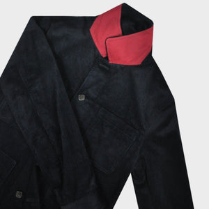 Heavy Cotton Corduroy Worker Jacket in Midnight Blue with Red (under) Collar