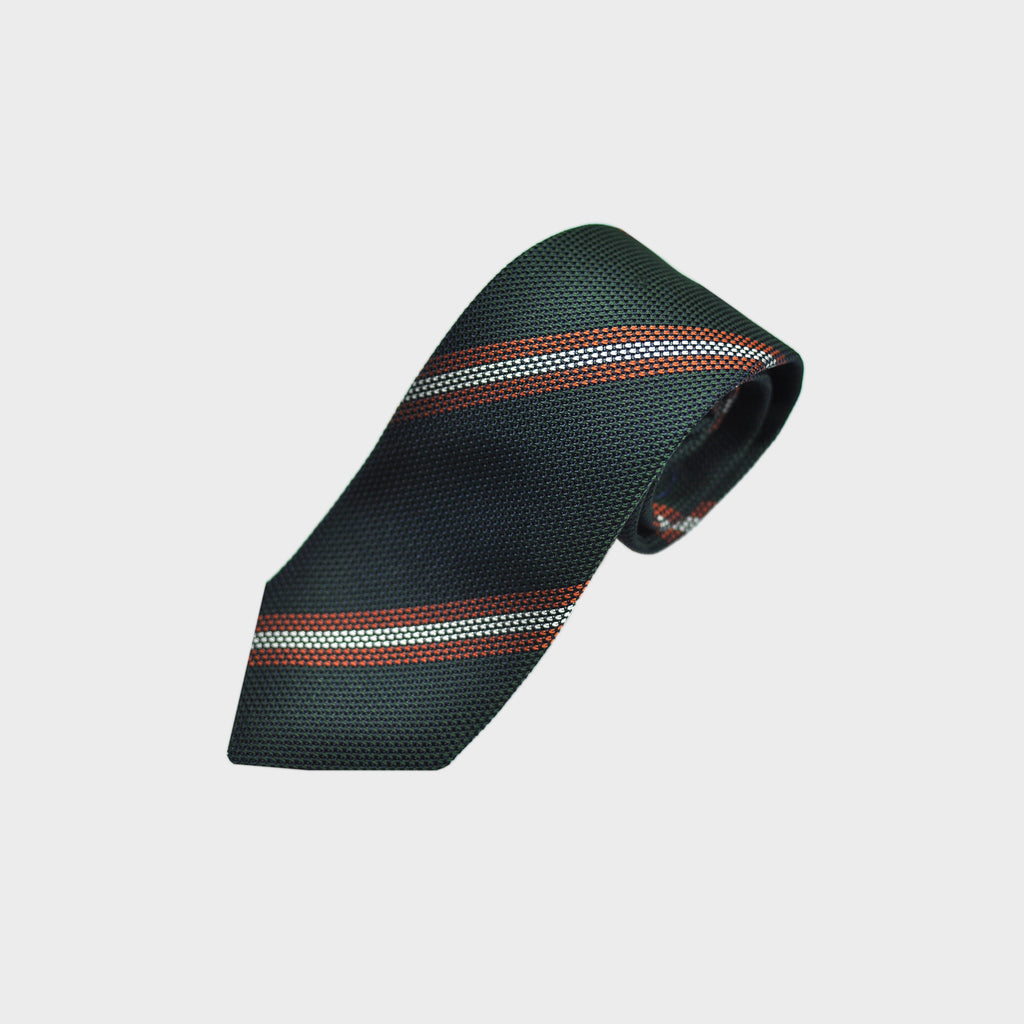 Stripes Grenadine Silk Tie in Bottle Green, Ochre & Light Grey