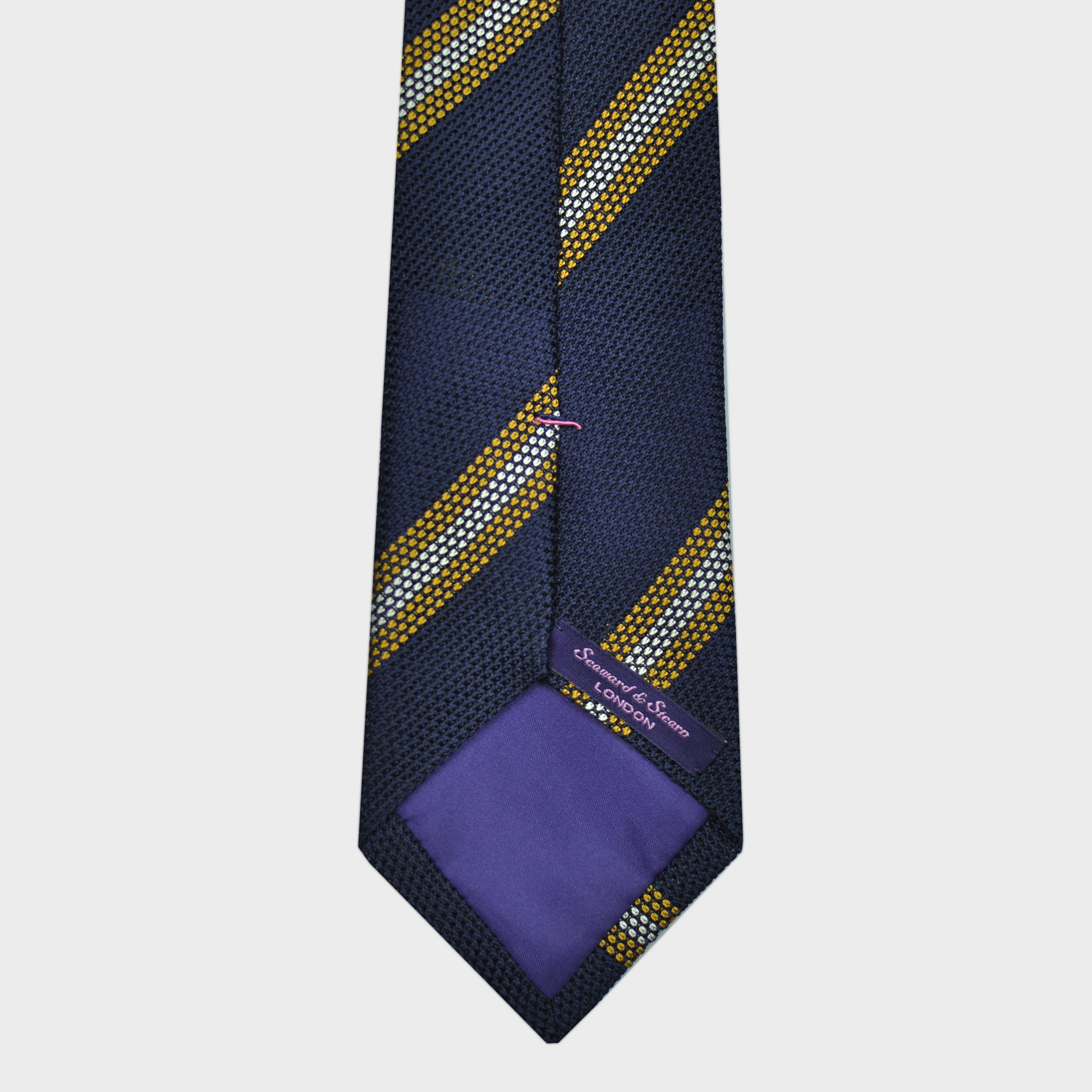 Stripes Grenadine Silk Tie in Navy, Yellow & Light Grey