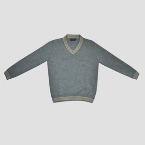 Merino Wool V-Neck Cricket Style Jumper in Grey with Beige Trim