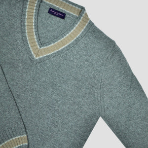 Merino Wool V-Neck Cricket Style Jumper in Grey with Beige Trim