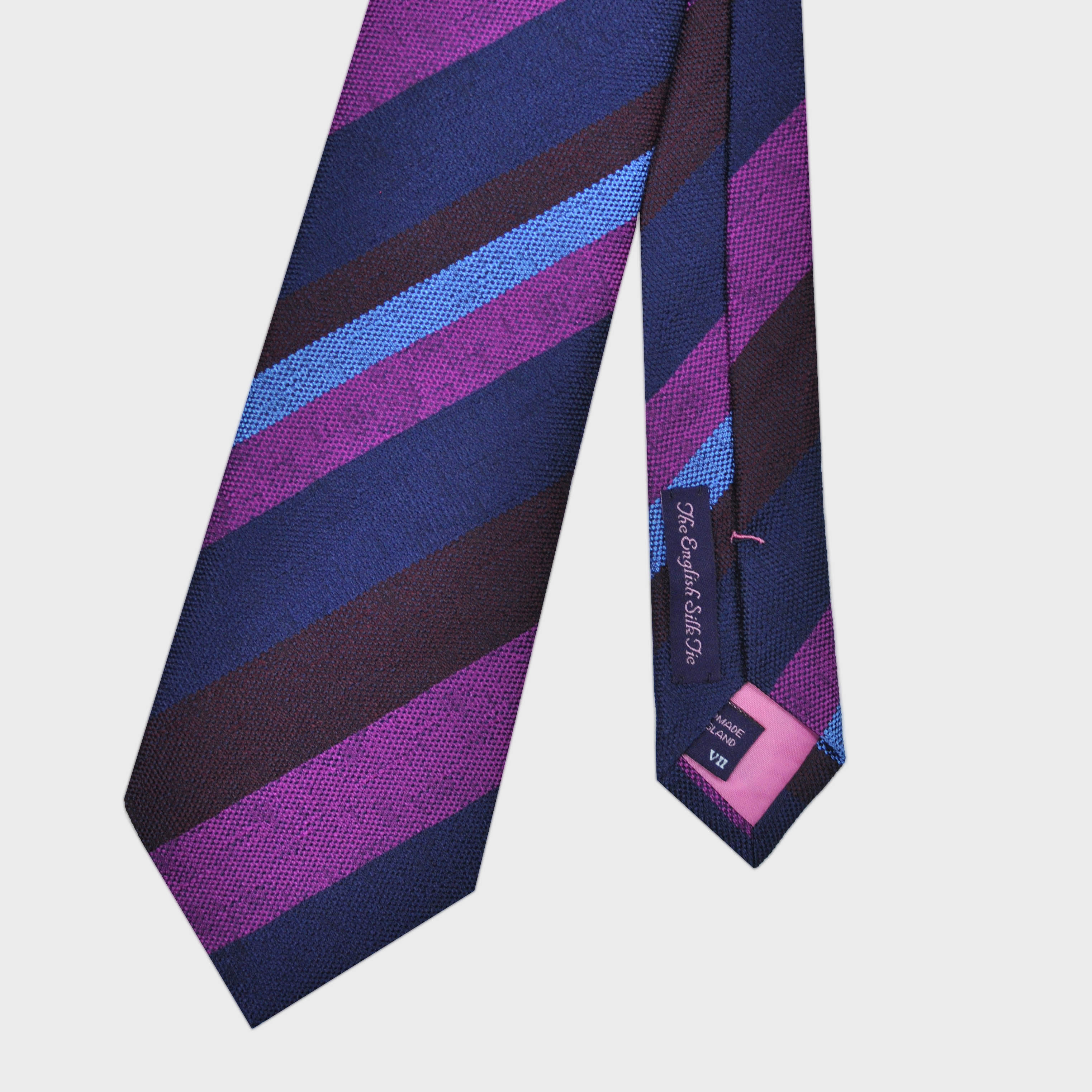 Stripes on Tussah Silk Tie in Blues, Claret & Pink