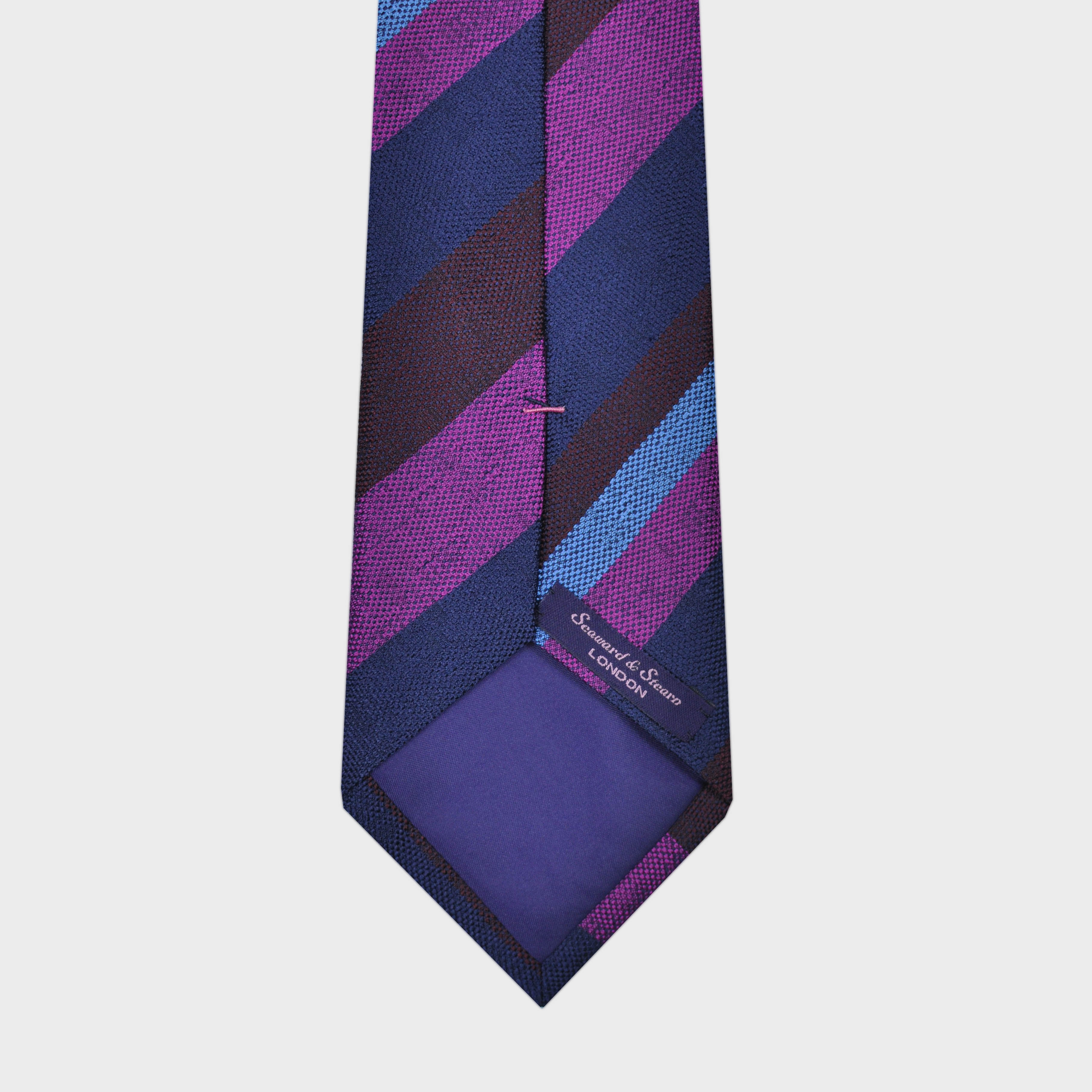 Stripes on Tussah Silk Tie in Blues, Claret & Pink