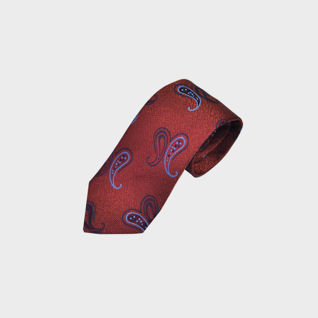 Blue Reppe Teardrops on Tussah Silk Tie in Rusty Brown