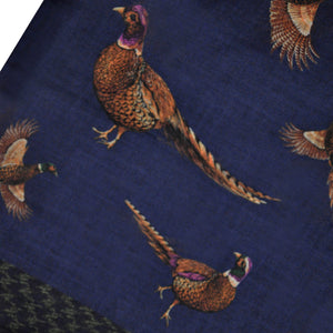 Wool Silk Pheasant Scarf in Navy with Puppy Tooth Border