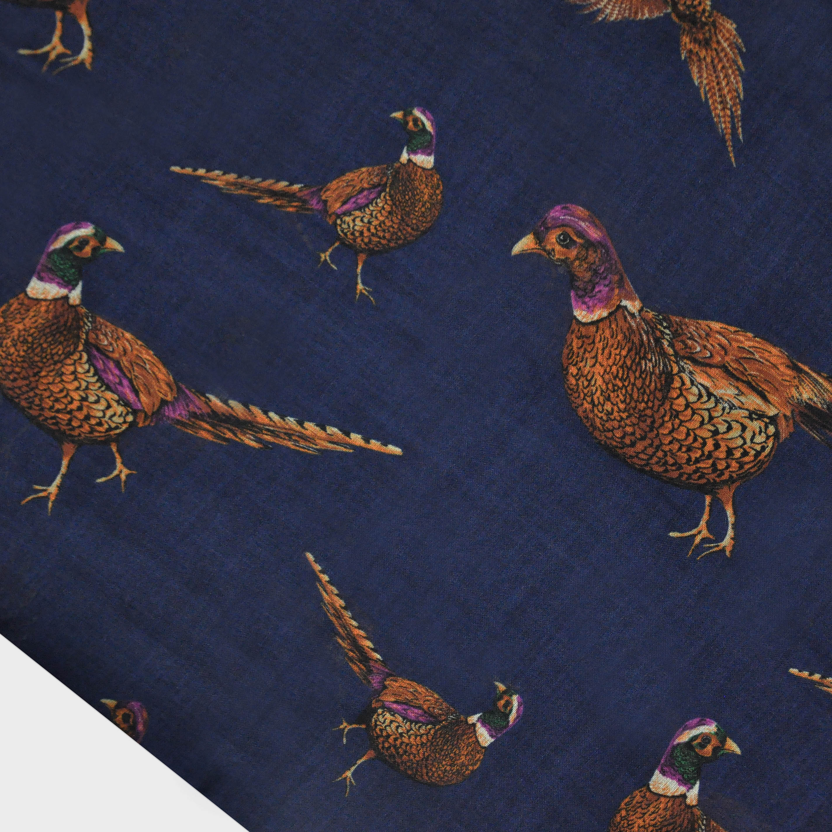 Wool Silk Pheasant Scarf in Navy with Puppy Tooth Border