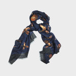 Wool Silk Pheasant Scarf in Navy with Puppy Tooth Border