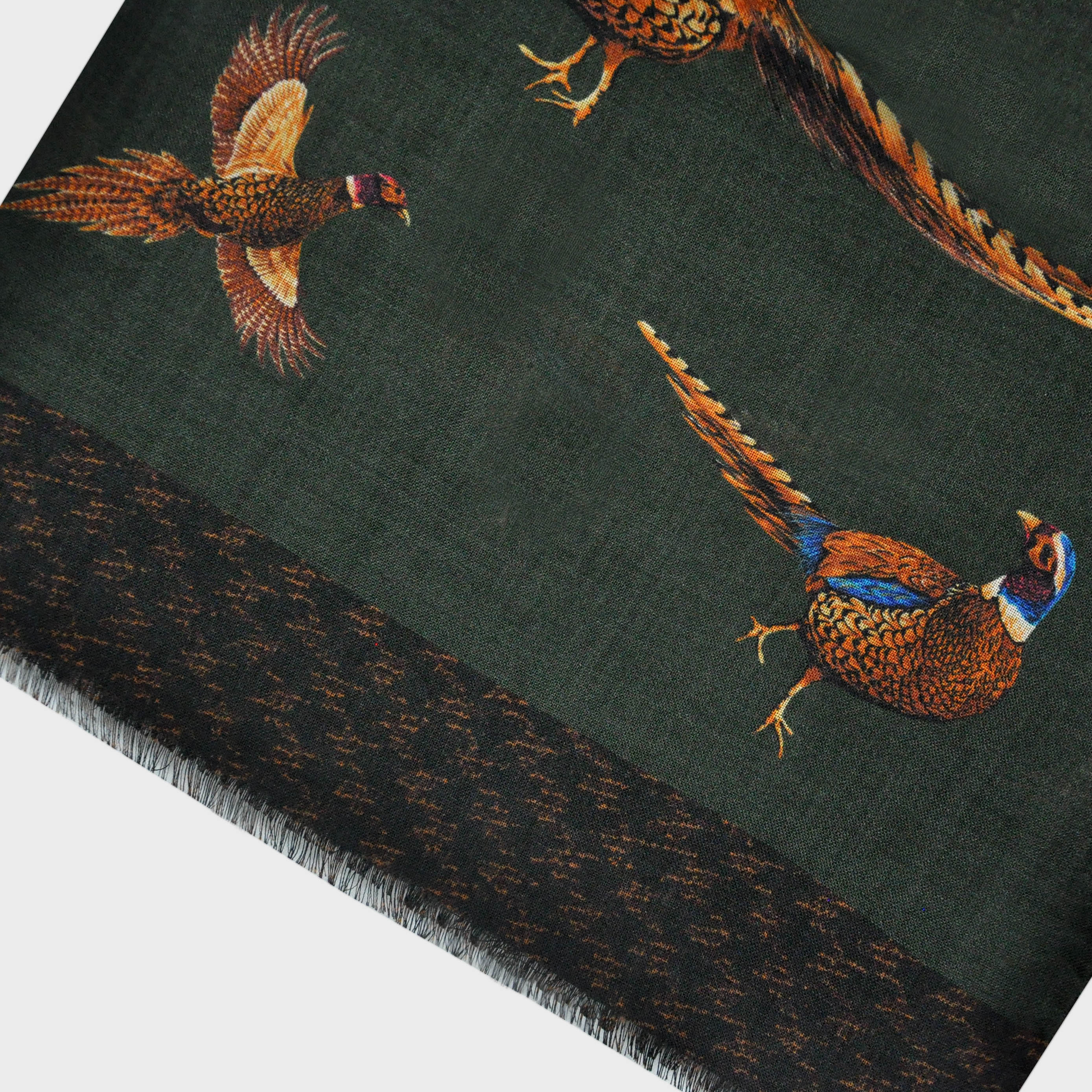 Wool Silk Pheasant Scarf in Green with Puppy Tooth Border