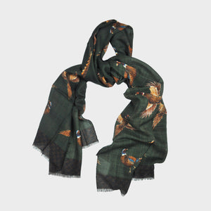 Wool Silk Pheasant Scarf in Green with Puppy Tooth Border