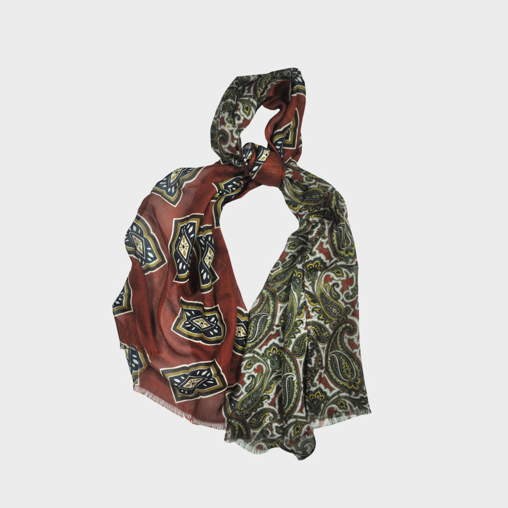 Wool Silk Double Panel Scarf in Paisley & Florets in Rusty Borwn & Olive