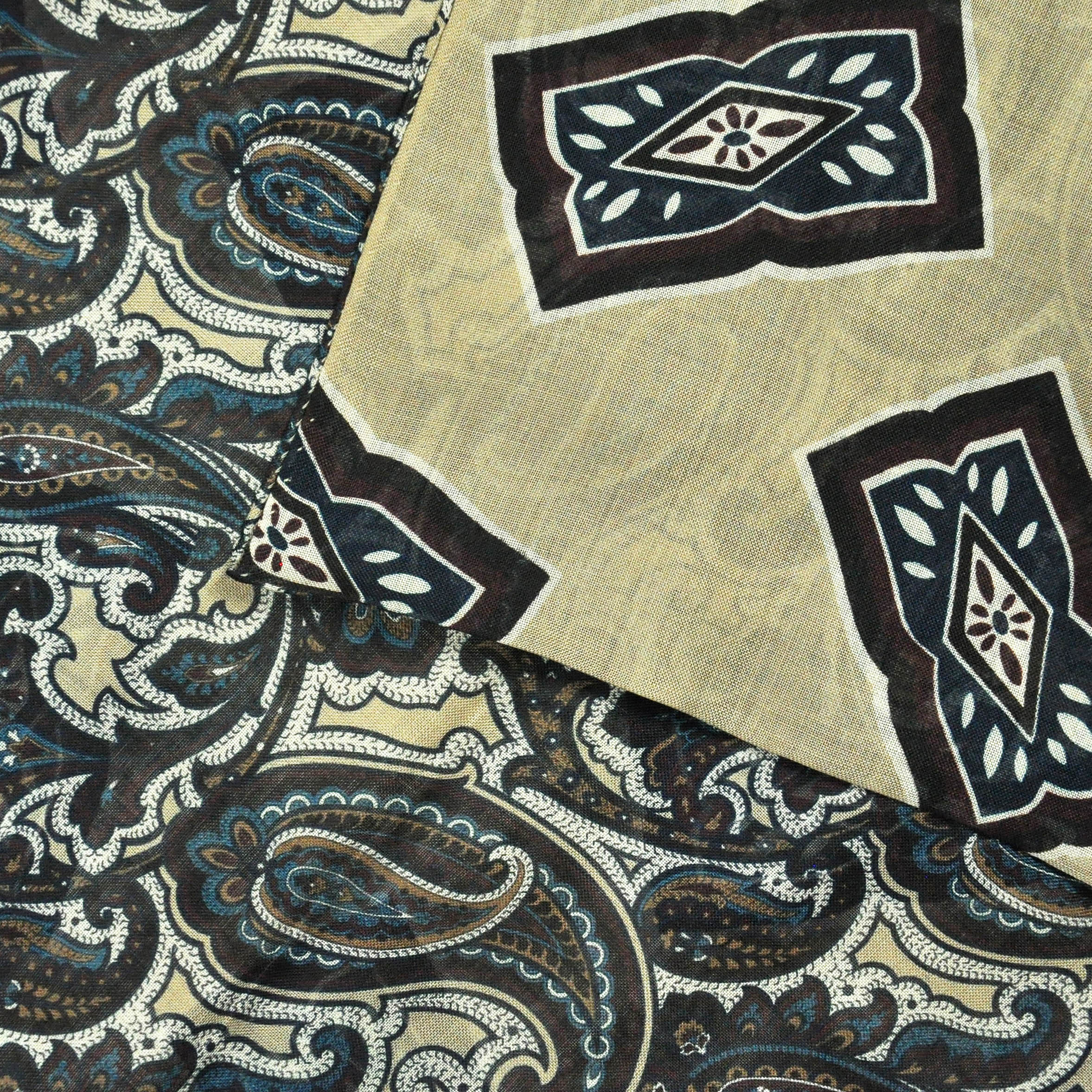 Wool Silk Double Panel Scarf in Paisley & Florets in Brown & Cream