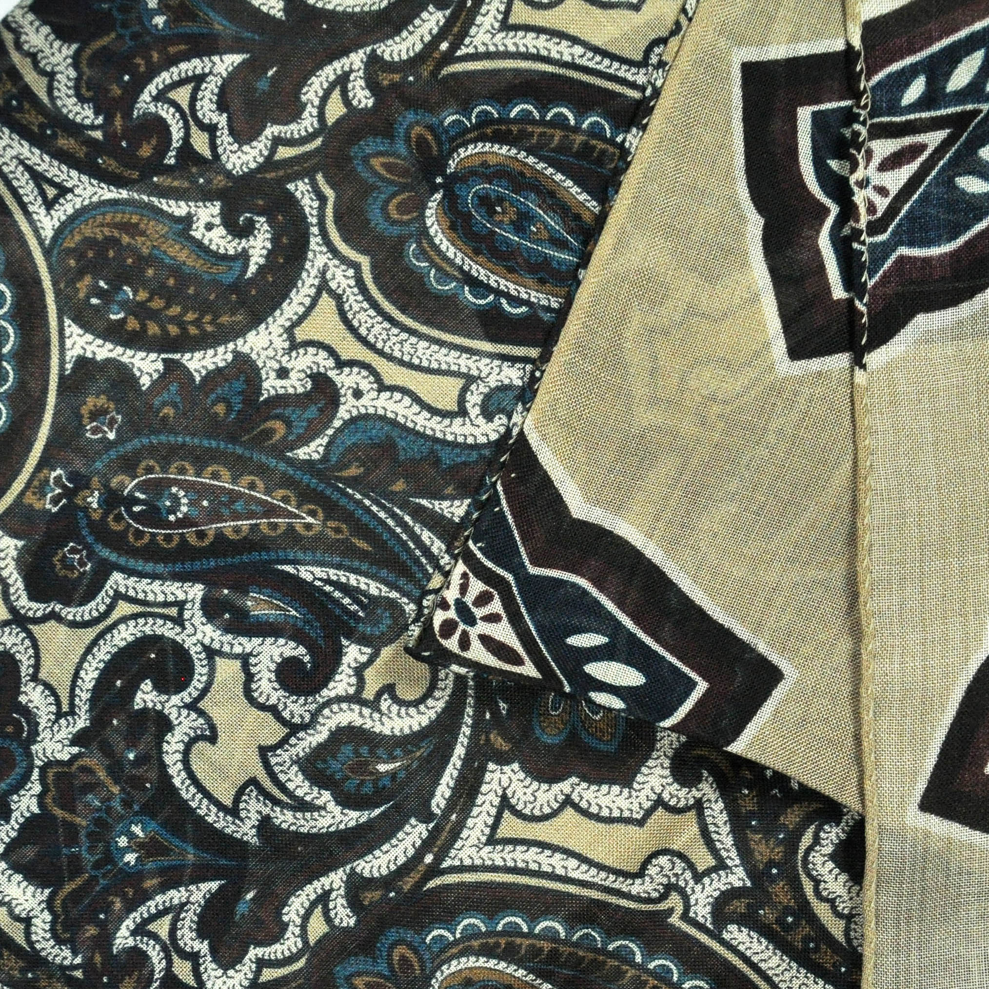 Wool Silk Double Panel Scarf in Paisley & Florets in Brown & Cream