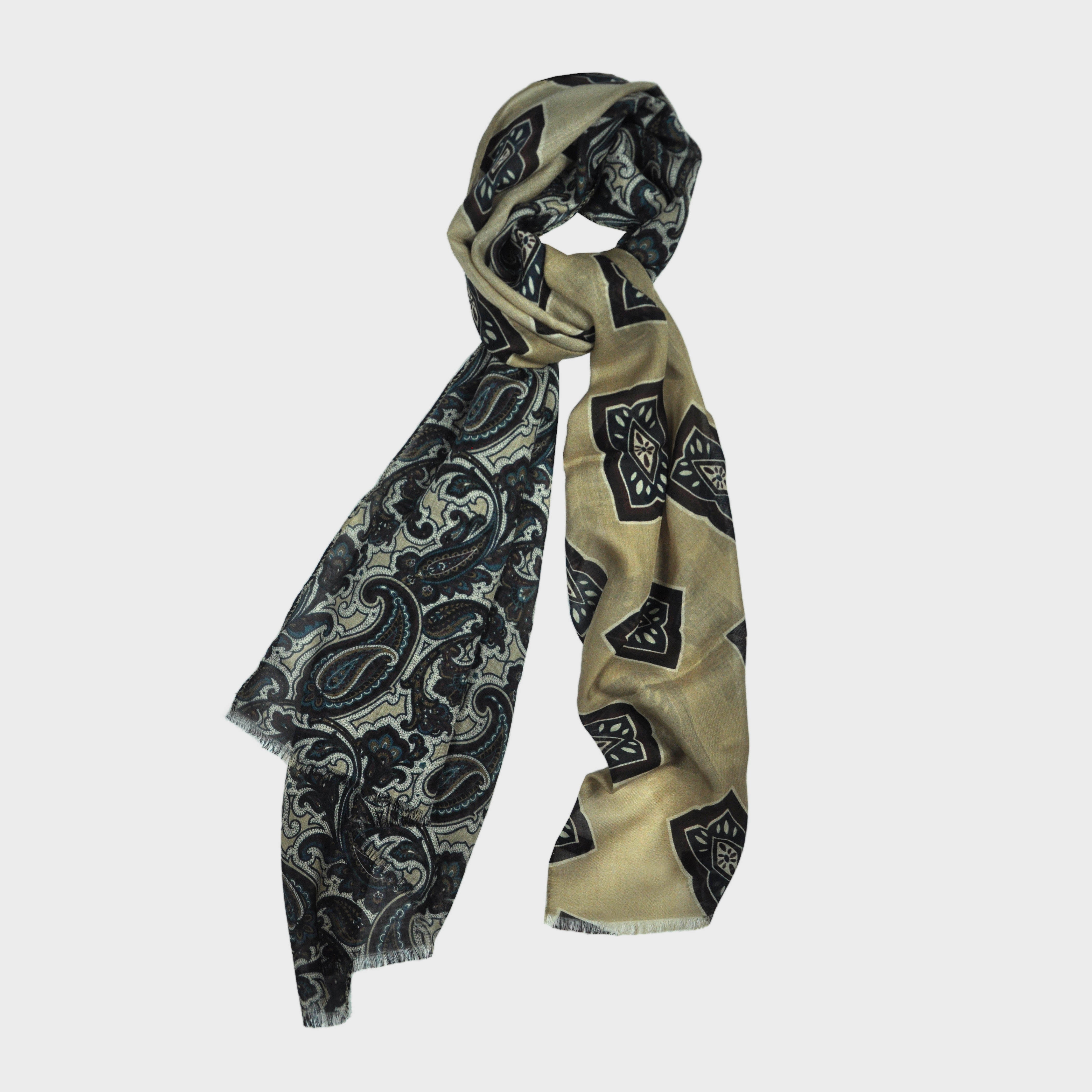 Wool Silk Double Panel Scarf in Paisley & Florets in Brown & Cream