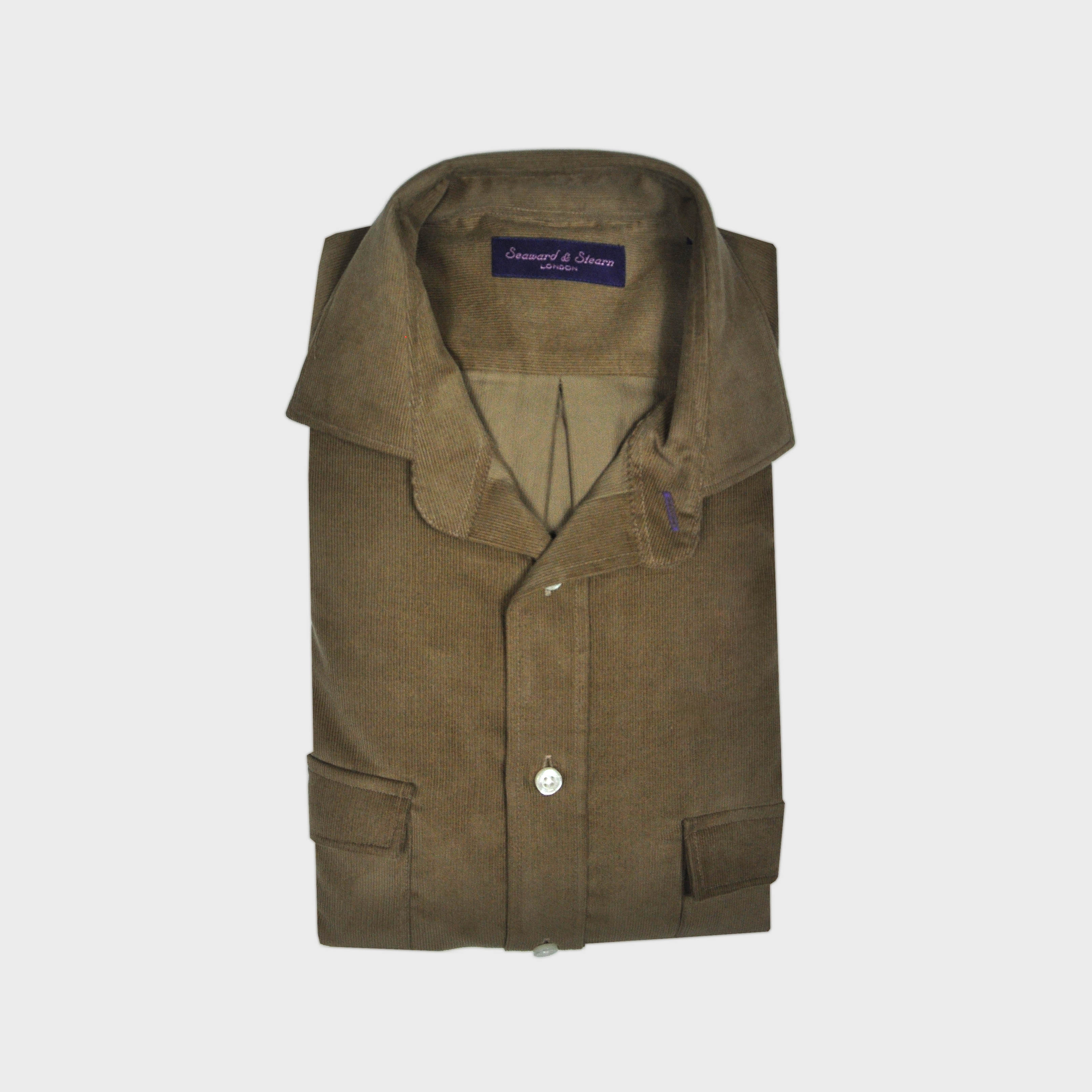 Fine Corduroy Spread Collar Shirt with Double Breast Pockets in Brown Olive