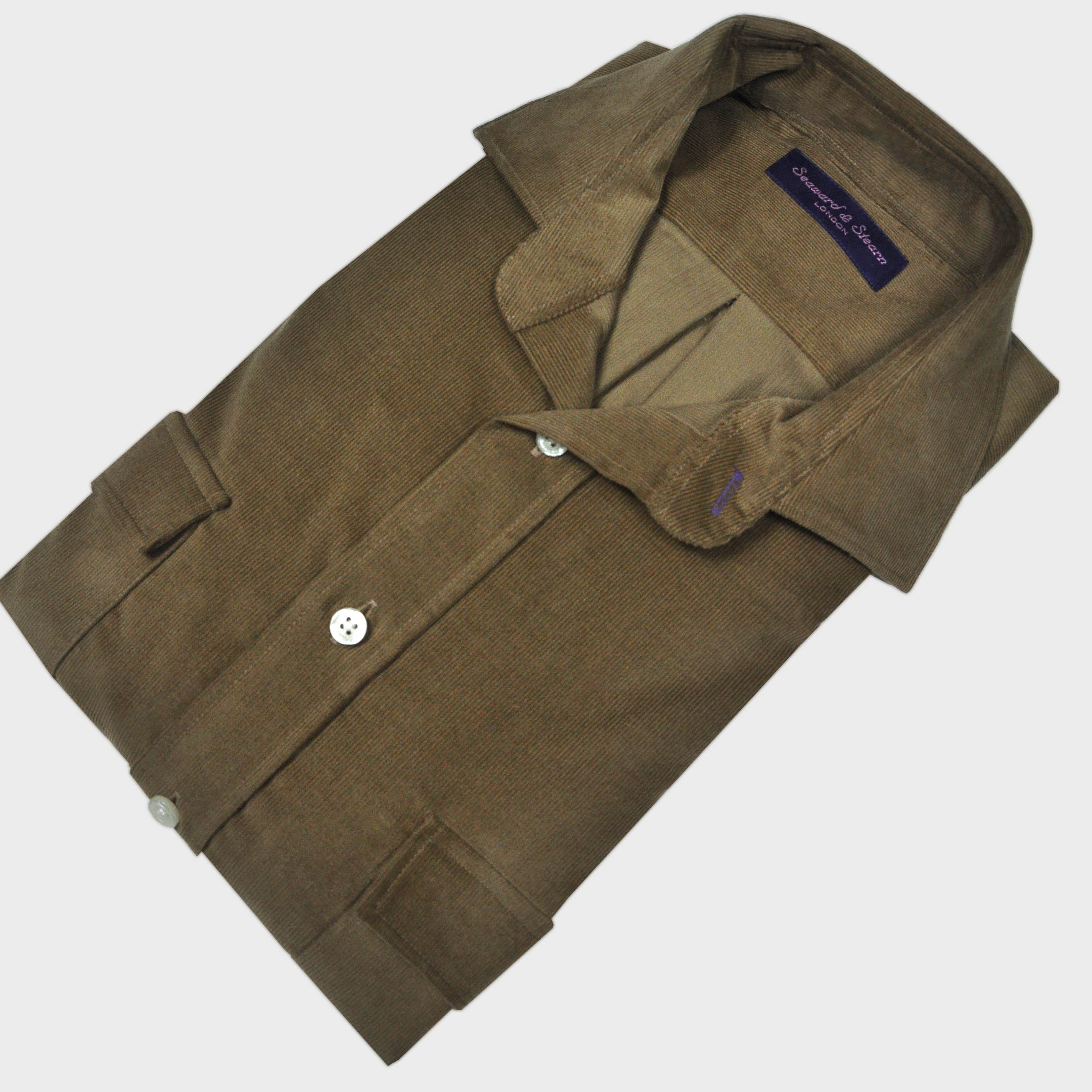 Fine Corduroy Spread Collar Shirt with Double Breast Pockets in Brown Olive