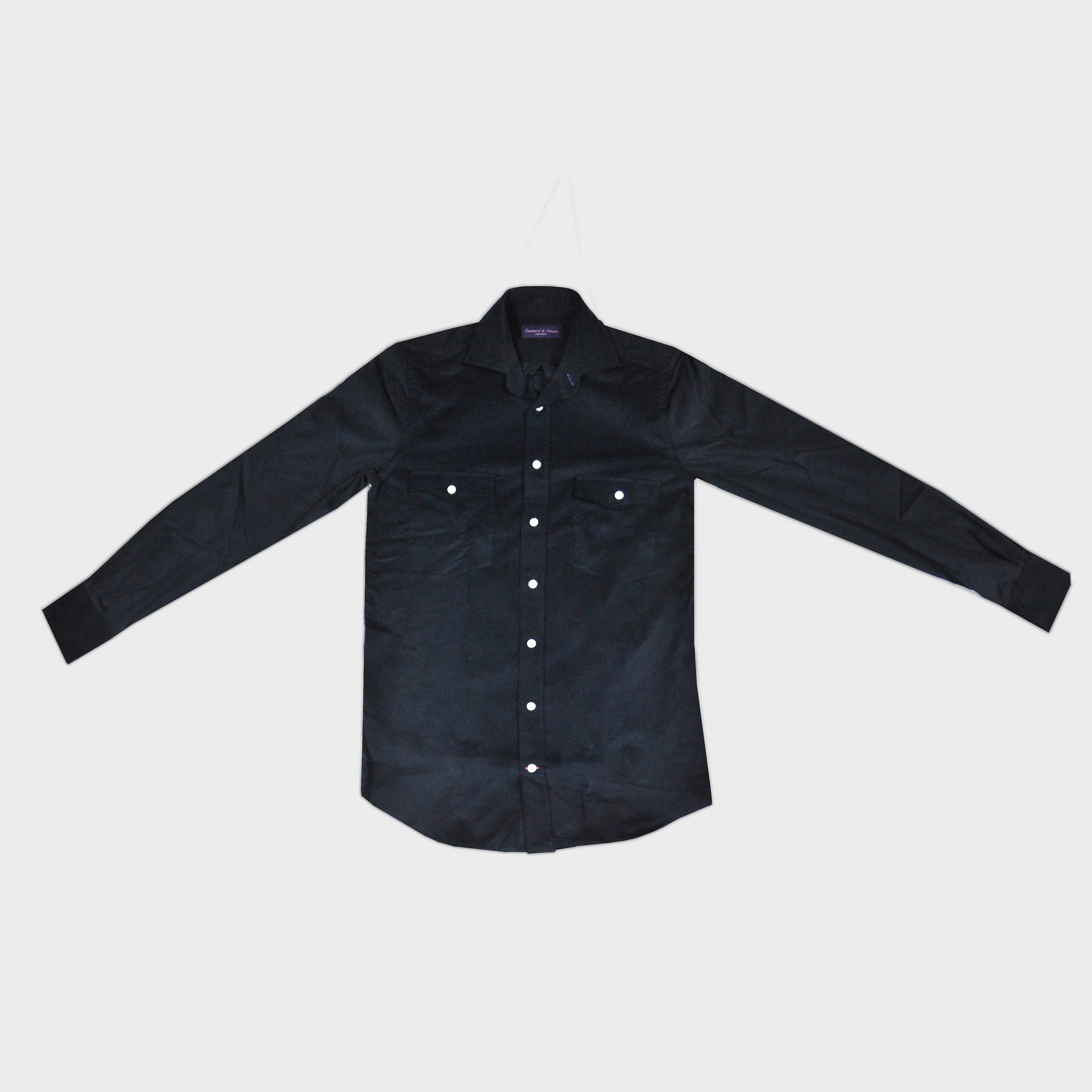 Fine Corduroy Spread Collar Shirt with Double Breast Pockets in Midnight Blue