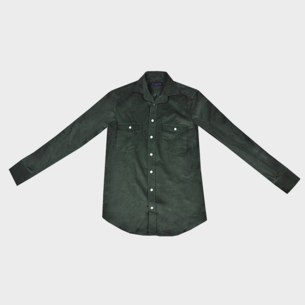 Fine Corduroy Spread Collar Shirt with Double Breast Pockets in Bottle Green