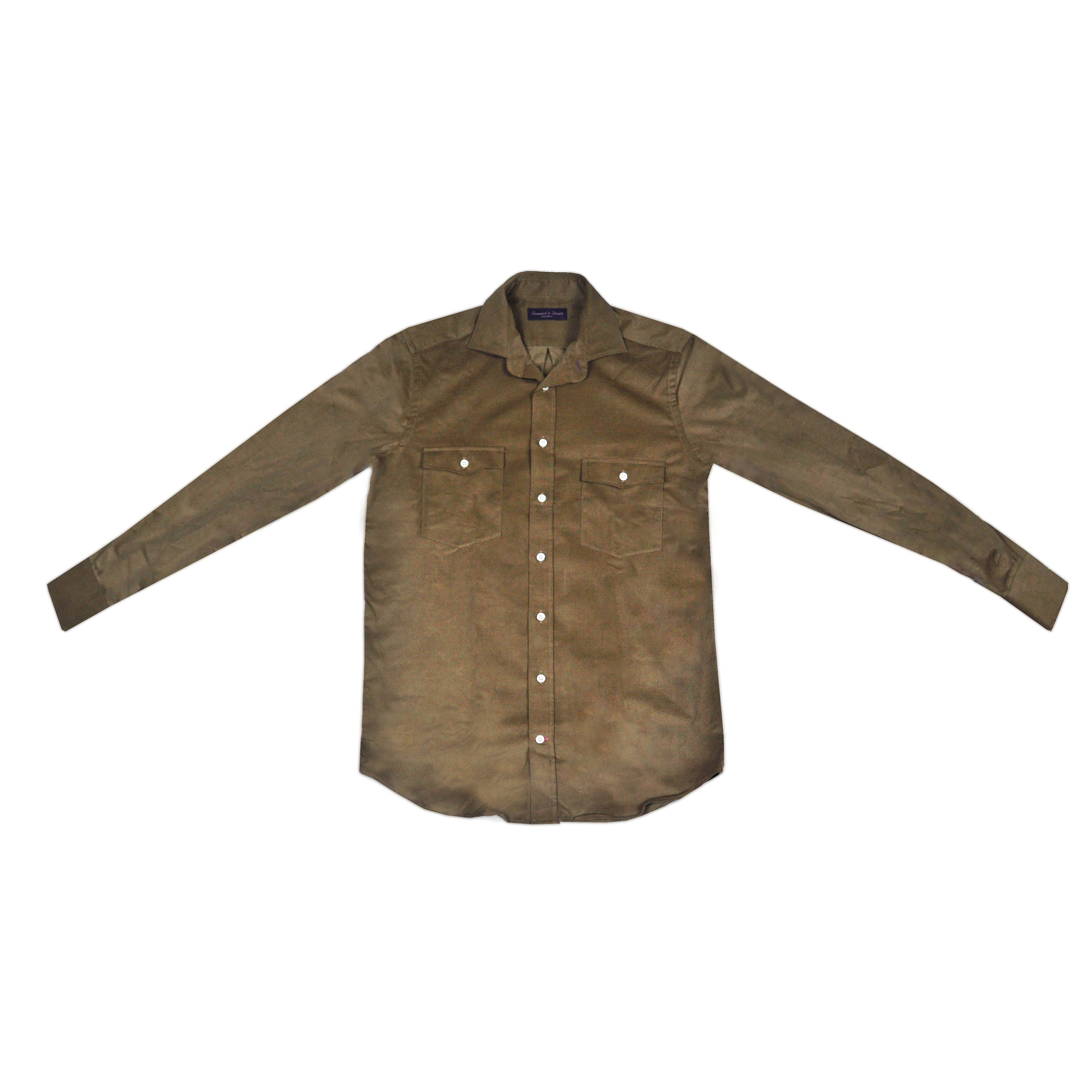 Fine Corduroy Spread Collar Shirt with Double Breast Pockets in Brown Olive