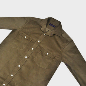 Fine Corduroy Spread Collar Shirt with Double Breast Pockets in Brown Olive