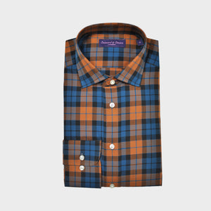 Plaid Spread Collar Sports Shirt in Ochre & Blue