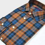 Plaid Spread Collar Sports Shirt in Ochre & Blue